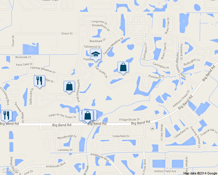 map of restaurants, bars, coffee shops, grocery stores, and more near 12940 Prestwick Drive in Riverview