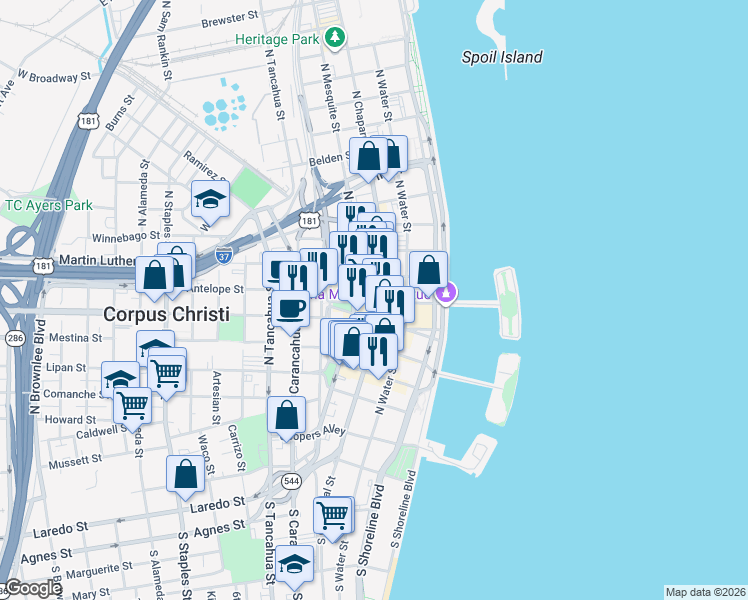 map of restaurants, bars, coffee shops, grocery stores, and more near 510 North Chaparral Street in Corpus Christi