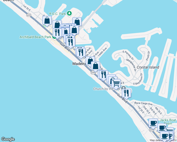 map of restaurants, bars, coffee shops, grocery stores, and more near 14308 Gulf Boulevard in Madeira Beach