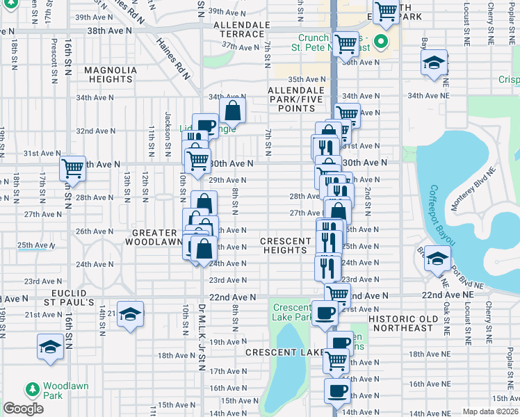 map of restaurants, bars, coffee shops, grocery stores, and more near 719 27th Avenue North in St. Petersburg