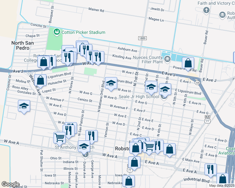 map of restaurants, bars, coffee shops, grocery stores, and more near 700 North 1st Street in Robstown