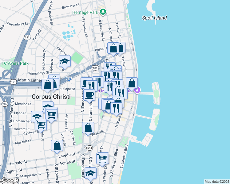 map of restaurants, bars, coffee shops, grocery stores, and more near 510 North Chaparral Street in Corpus Christi