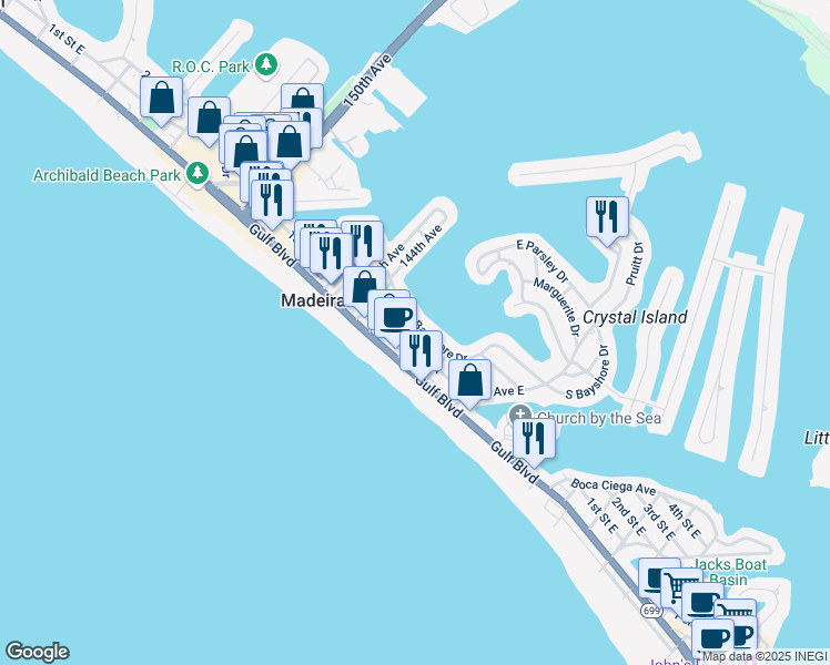 map of restaurants, bars, coffee shops, grocery stores, and more near 14145 Palm Street in Madeira Beach