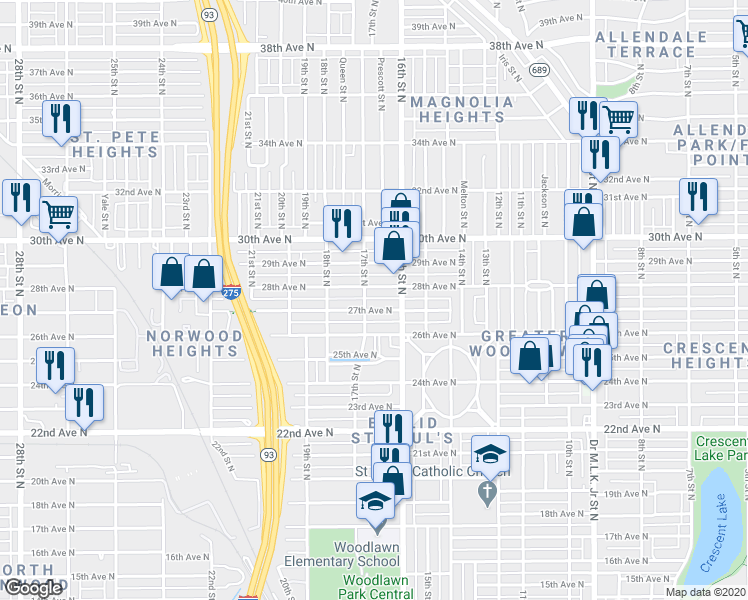 map of restaurants, bars, coffee shops, grocery stores, and more near 1661 27th Avenue North in Saint Petersburg