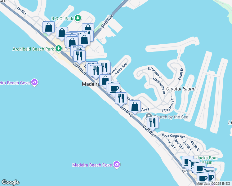 map of restaurants, bars, coffee shops, grocery stores, and more near in Madeira Beach
