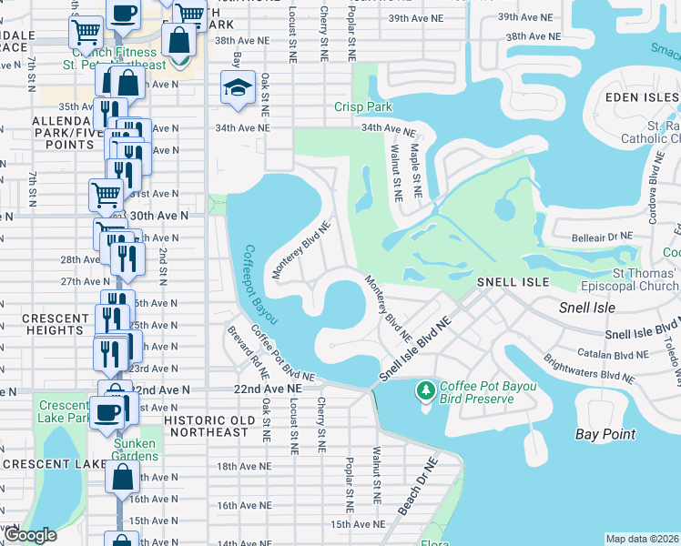 map of restaurants, bars, coffee shops, grocery stores, and more near 714 Monterey Boulevard Northeast in St. Petersburg