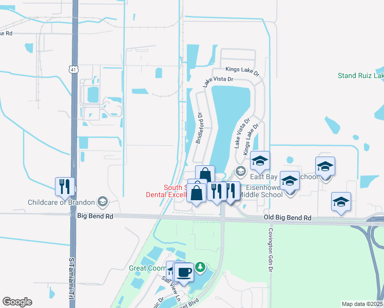 map of restaurants, bars, coffee shops, grocery stores, and more near 13042 Bridleford Drive in Gibsonton