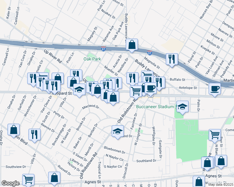 map of restaurants, bars, coffee shops, grocery stores, and more near 3657 Leopard St in Corpus Christi