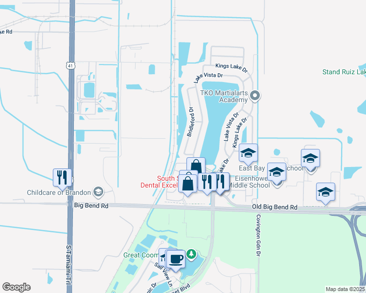 map of restaurants, bars, coffee shops, grocery stores, and more near 13042 Bridleford Drive in Gibsonton