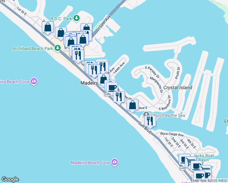 map of restaurants, bars, coffee shops, grocery stores, and more near 14225 Palm Street in Madeira Beach