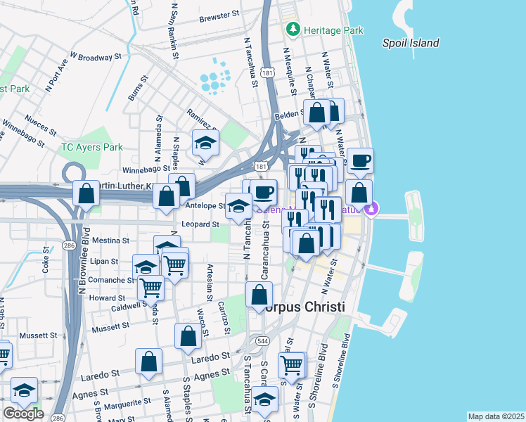 map of restaurants, bars, coffee shops, grocery stores, and more near 711 North Carancahua Street in Corpus Christi
