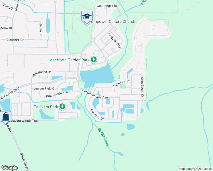 map of restaurants, bars, coffee shops, grocery stores, and more near 12803 Satin Lily Drive in Riverview