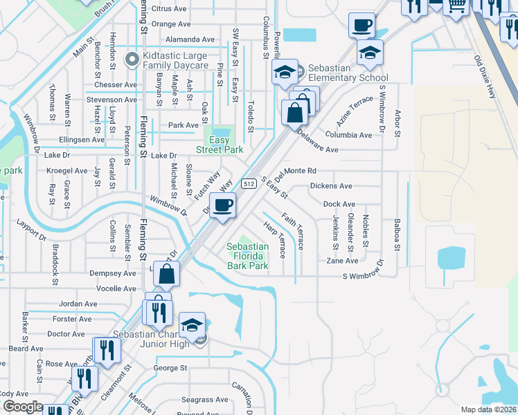 map of restaurants, bars, coffee shops, grocery stores, and more near 385 Harp Terrace in Sebastian