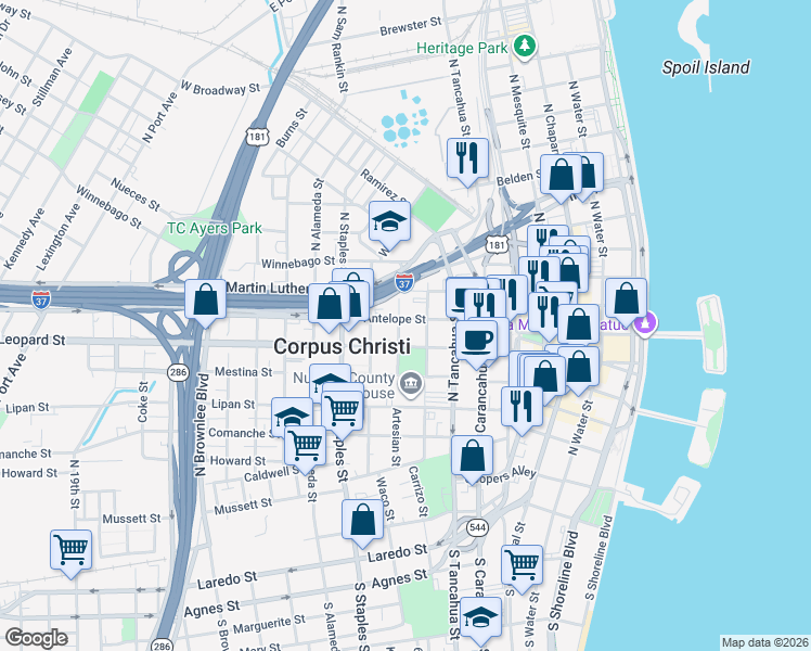 map of restaurants, bars, coffee shops, grocery stores, and more near 1002 Leopard Street in Corpus Christi