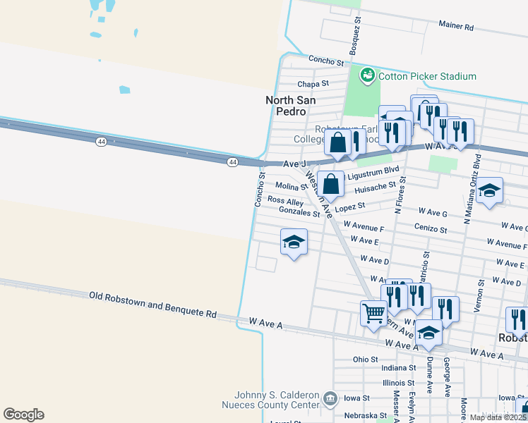 map of restaurants, bars, coffee shops, grocery stores, and more near 869 West Avenue East in Robstown