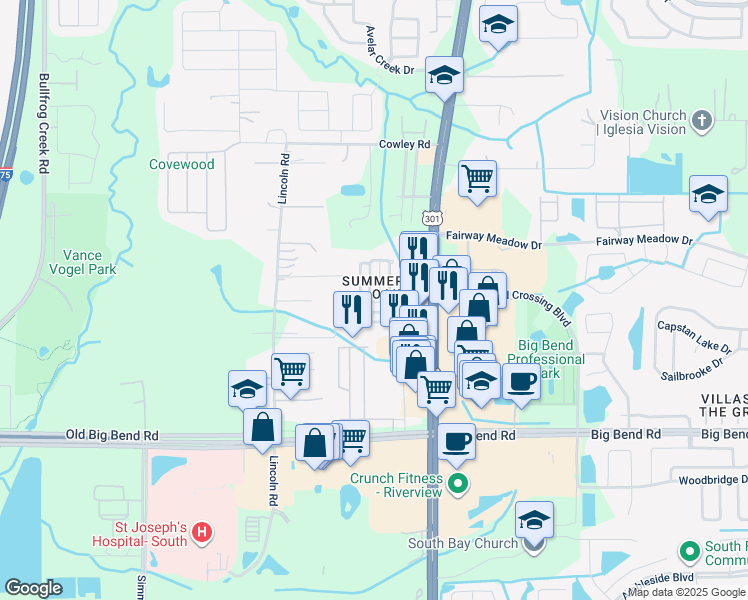 map of restaurants, bars, coffee shops, grocery stores, and more near 10336 Summerview Circle in Riverview
