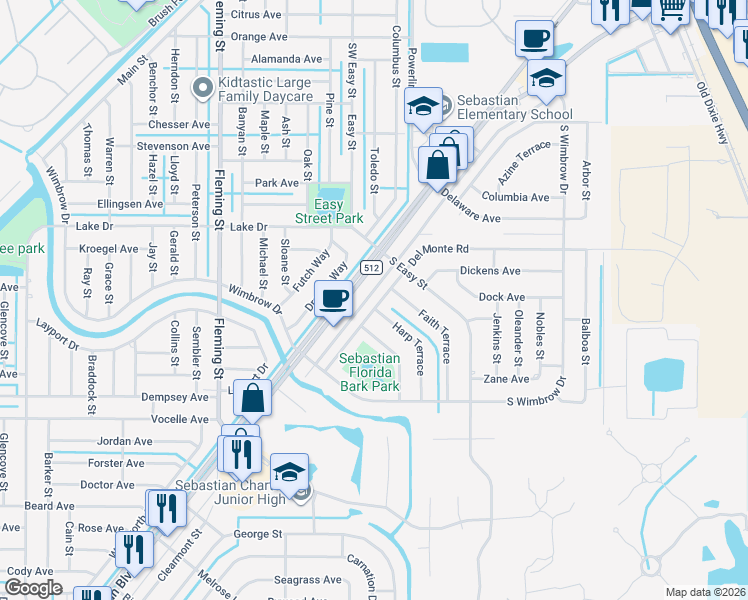 map of restaurants, bars, coffee shops, grocery stores, and more near 385 Harp Terrace in Sebastian