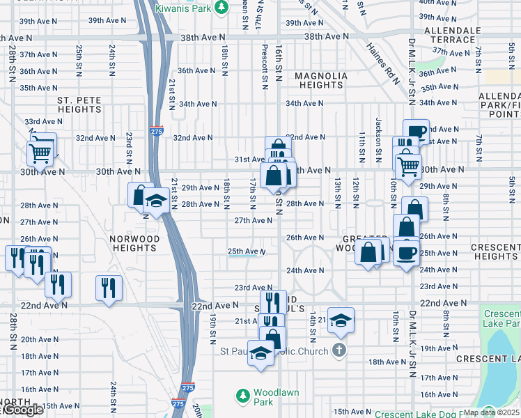 map of restaurants, bars, coffee shops, grocery stores, and more near 1648 27th Avenue North in St. Petersburg