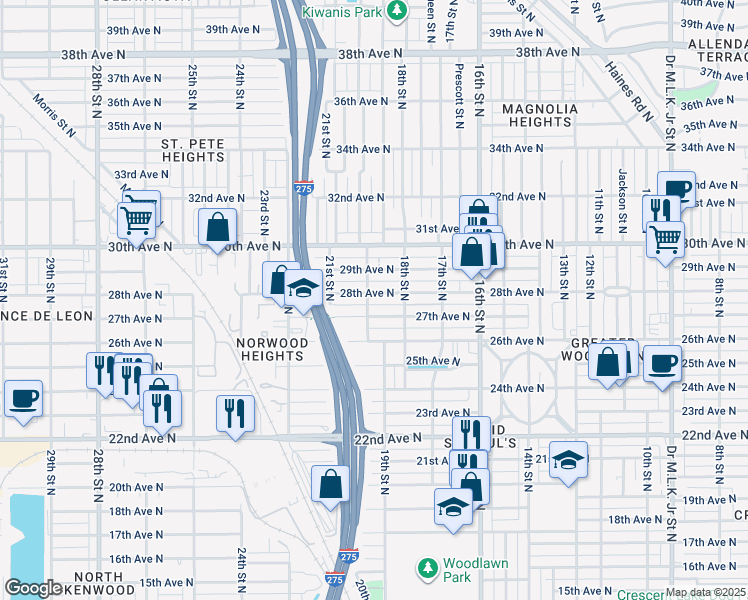 map of restaurants, bars, coffee shops, grocery stores, and more near 1832 27th Avenue North in St. Petersburg