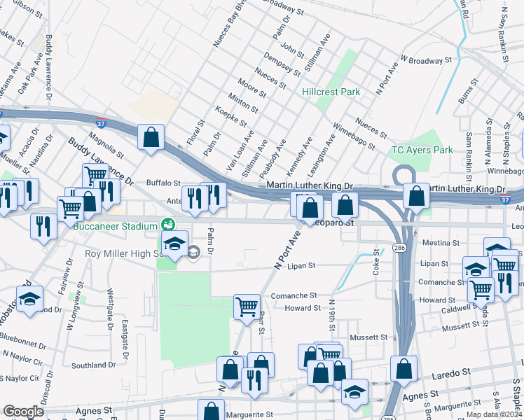 map of restaurants, bars, coffee shops, grocery stores, and more near 713 Kennedy Avenue in Corpus Christi