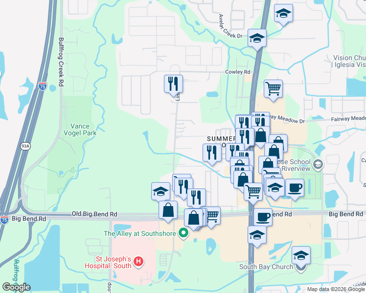 map of restaurants, bars, coffee shops, grocery stores, and more near 13008 Lincoln Road in Riverview