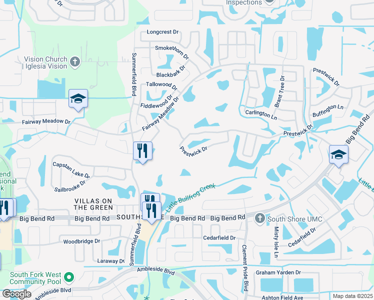 map of restaurants, bars, coffee shops, grocery stores, and more near 12941 Prestwick Drive in Riverview