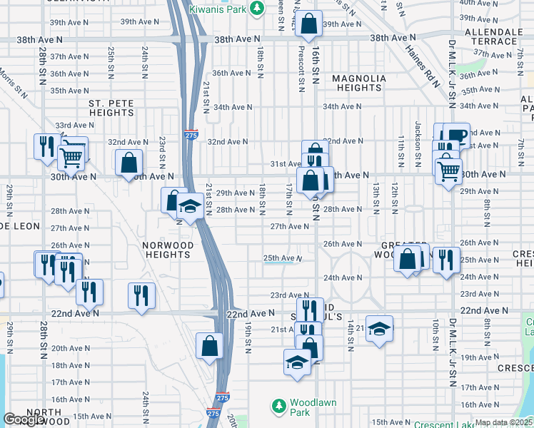 map of restaurants, bars, coffee shops, grocery stores, and more near 1764 28th Avenue North in Saint Petersburg