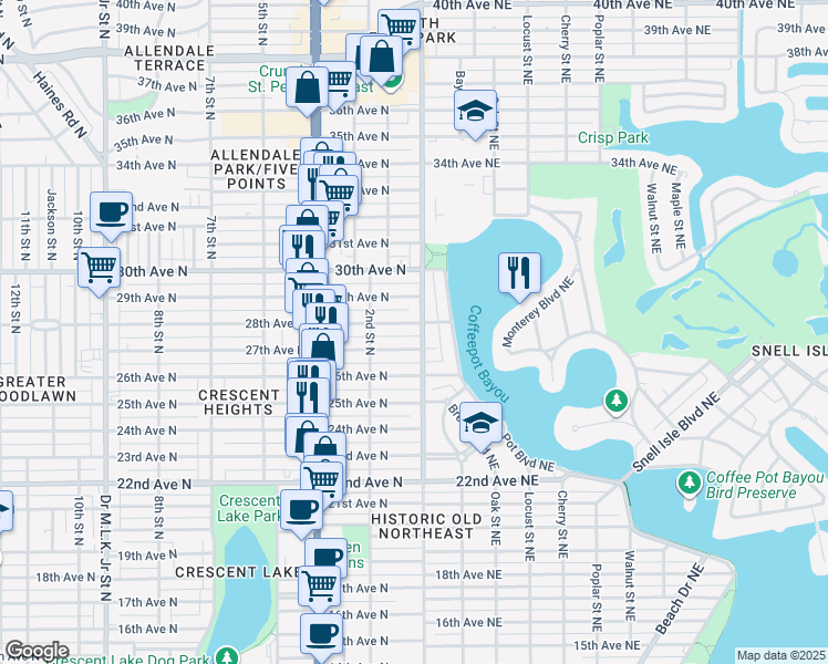 map of restaurants, bars, coffee shops, grocery stores, and more near 121 28th Avenue North in St. Petersburg
