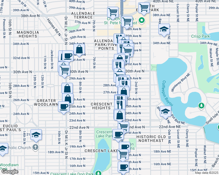 map of restaurants, bars, coffee shops, grocery stores, and more near 2816 5th Street North in St. Petersburg