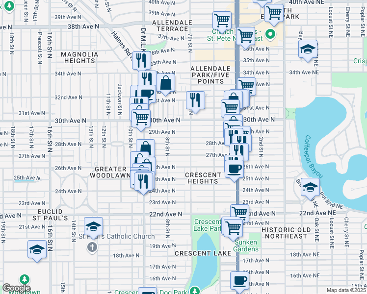 map of restaurants, bars, coffee shops, grocery stores, and more near 761 28th Avenue North in St. Petersburg