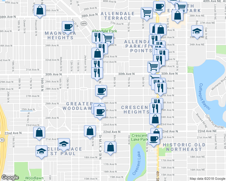 map of restaurants, bars, coffee shops, grocery stores, and more near 835 28th Avenue North in St. Petersburg