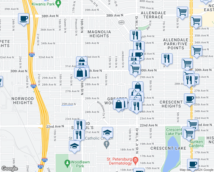 map of restaurants, bars, coffee shops, grocery stores, and more near 2816 13th Street North in St. Petersburg