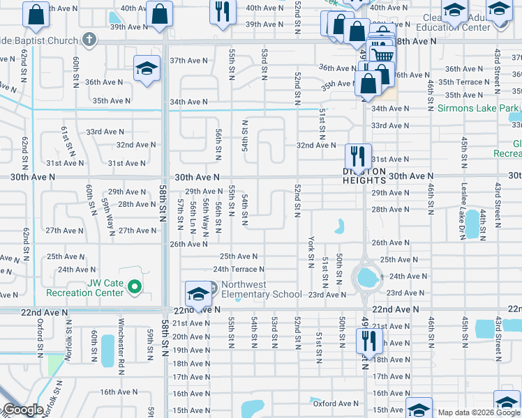 map of restaurants, bars, coffee shops, grocery stores, and more near 2890 53rd Street North in St. Petersburg