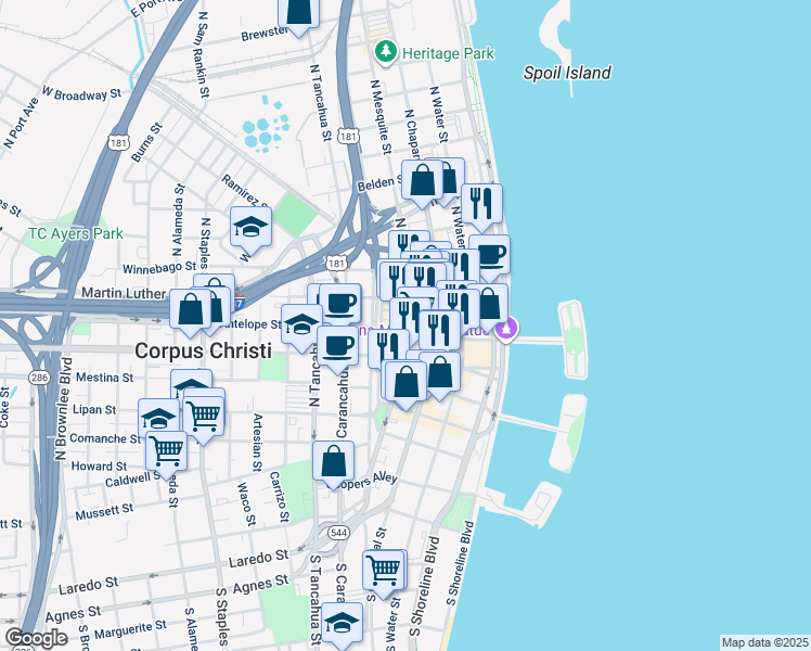 map of restaurants, bars, coffee shops, grocery stores, and more near 705 North Mesquite Street in Corpus Christi
