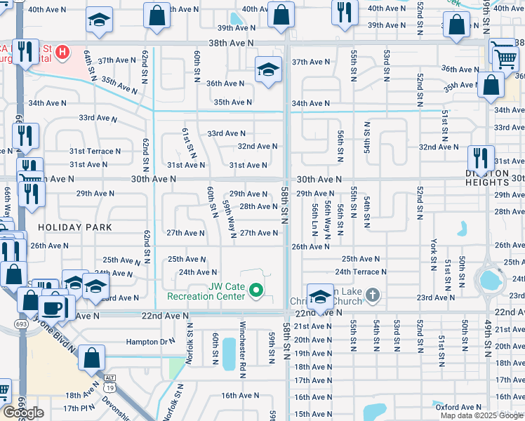 map of restaurants, bars, coffee shops, grocery stores, and more near 5886 29th Avenue North in St. Petersburg