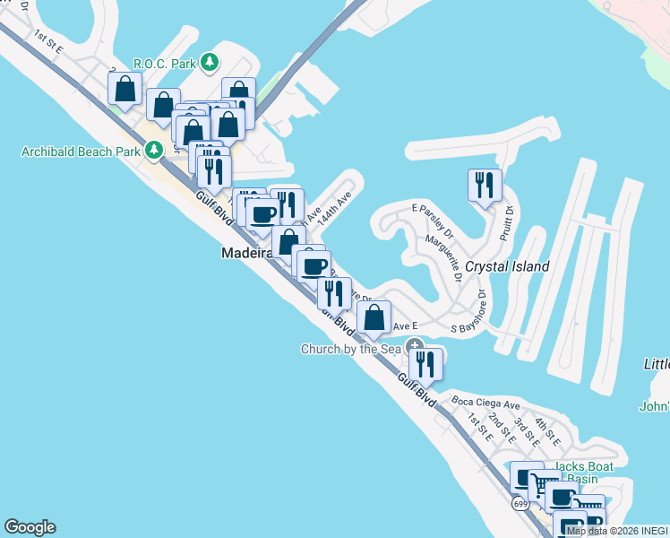 map of restaurants, bars, coffee shops, grocery stores, and more near 14215 North Bayshore Drive in Madeira Beach