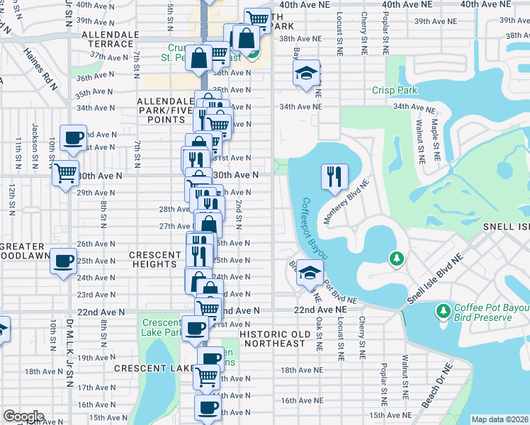 map of restaurants, bars, coffee shops, grocery stores, and more near 121 28th Avenue North in St. Petersburg