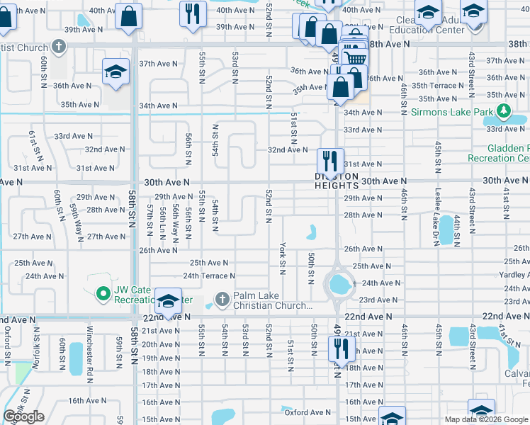 map of restaurants, bars, coffee shops, grocery stores, and more near 5150 29th Avenue North in St. Petersburg