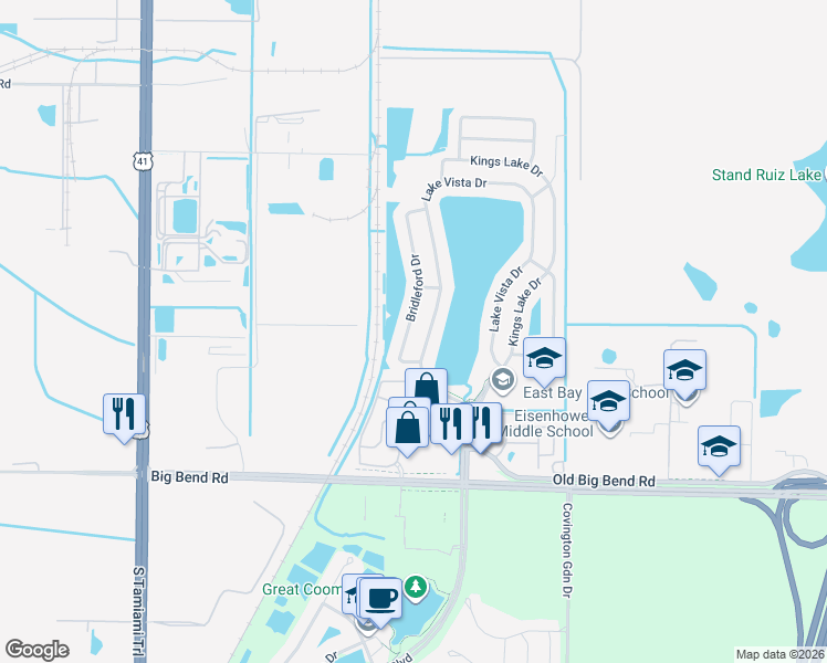 map of restaurants, bars, coffee shops, grocery stores, and more near 13022 Bridleford Drive in Gibsonton