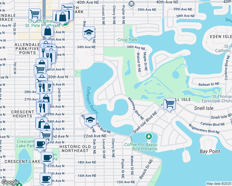 map of restaurants, bars, coffee shops, grocery stores, and more near 831 Monterey Boulevard Northeast in Saint Petersburg