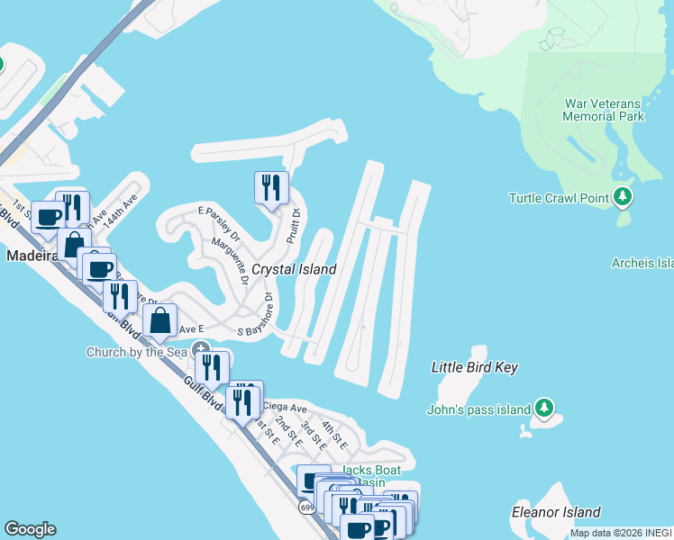 map of restaurants, bars, coffee shops, grocery stores, and more near 540 Crystal Drive in Madeira Beach