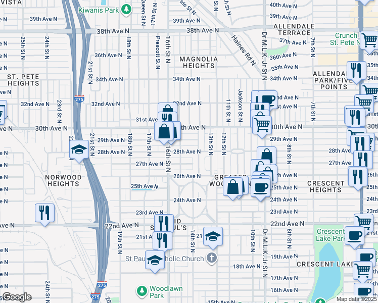 map of restaurants, bars, coffee shops, grocery stores, and more near 1420 29th Avenue North in St. Petersburg