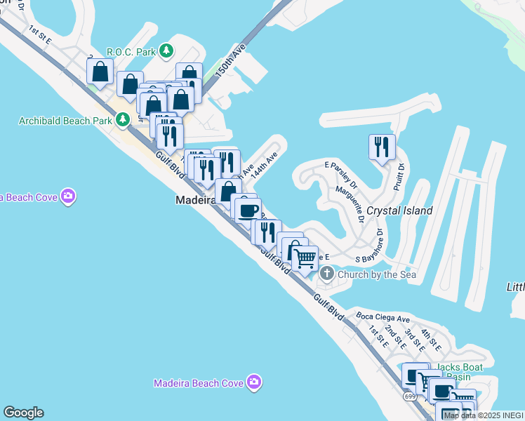 map of restaurants, bars, coffee shops, grocery stores, and more near 14231 North Bayshore Drive in Madeira Beach