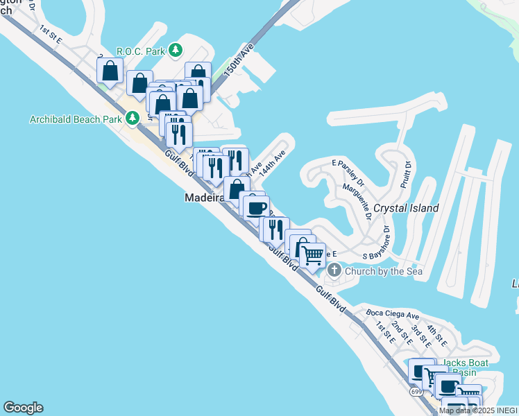 map of restaurants, bars, coffee shops, grocery stores, and more near 136 143rd Avenue in Madeira Beach
