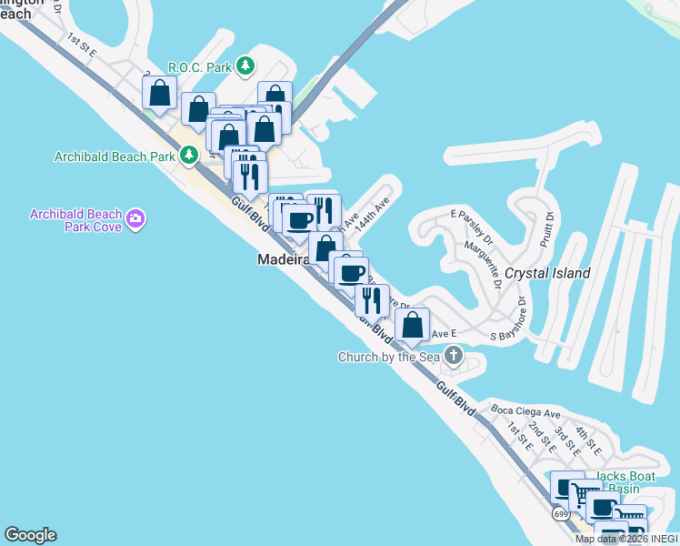 map of restaurants, bars, coffee shops, grocery stores, and more near 136 143rd Avenue in Madeira Beach