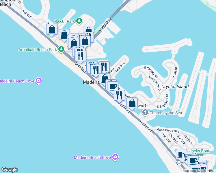 map of restaurants, bars, coffee shops, grocery stores, and more near 136 143rd Avenue in Madeira Beach