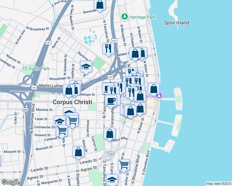 map of restaurants, bars, coffee shops, grocery stores, and more near 719 North Upper Broadway in Corpus Christi