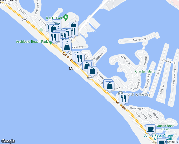 map of restaurants, bars, coffee shops, grocery stores, and more near 114 143RD Avenue East in Madeira Beach
