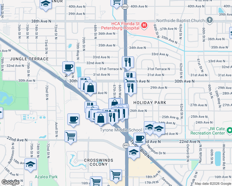 map of restaurants, bars, coffee shops, grocery stores, and more near 2898 66th Way North in St. Petersburg