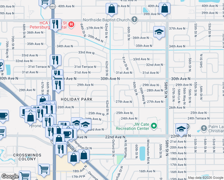 map of restaurants, bars, coffee shops, grocery stores, and more near 2881 62nd Street North in St. Petersburg